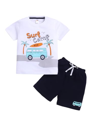 Image of LITTLE NINJA Cotton Half Sleeves Beach Theme Printed Tee & Coordinating Shorts Set - White & Navy