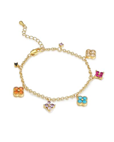 Gold Colorful CZ Gemstone Floral Statement FULLY ADJUSTABLE Dangle Charms Tennis Bracelet for Women by SNGIA, Stackable Handmade Trendy Multicolor Flower Crystal Jewelry Gifts, Beachy Summer Beaded Healing Protection Vacation Fashion Bracelet Accessories, Vintage Link Bohemian Nickle Free Station Bangle.