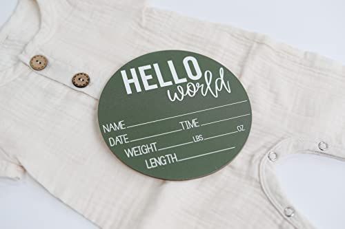 Image of Baby Announcement Sign for Newborn Boys and Girls (Color Bases) - Hello World Nursery Decor Sign & Photo Prop for Babies Made of Birch Wood - 6 inch Circle Board (Green)