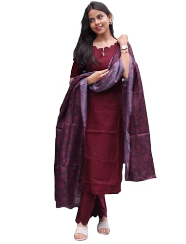 Image of 24 Carat Suit Women's Roman Silk Straight Cut Kurti Pant with 3 /4th Sleeves Round Neck Regular Fit calf Length and Dupatta Set