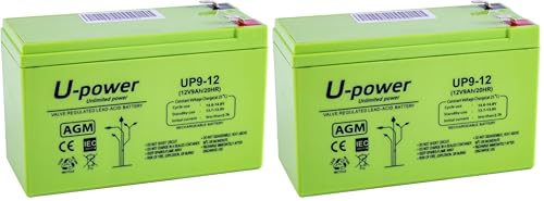 U-Power Batería AGM 12V 9Ah – Sellada Recargable Plomo-Ácido VRLA – para Alarmas, SAI/UPS, Seguridad, Juguetes Eléctricos y Más – Terminal Faston F2 (6.3 mm) (Paquete de 2)