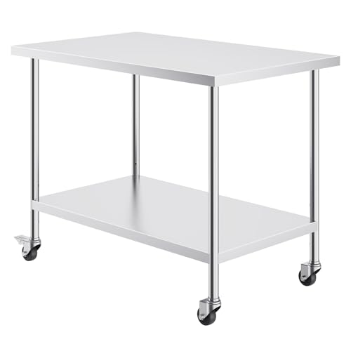 Happybuy 30x48x38 Inch Stainless Steel Work Table, Heavy Duty Food Prep Table with 4 Wheels, Adjustable Height, for Commercial Kitchen & Restaurant, Silver