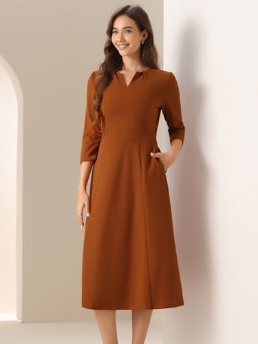 Image of Allegra K Womens 3 /4 Sleeve A-Line Business Work Formal Midi Dress | Elegant Dresses with Pockets, V Neck, Cockatail Party Church Funeral Outfits, Spring Fall Winter