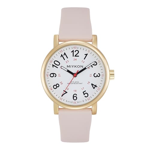 Miykon Nurse Watches for Women - Unisex Analog Watch with Second Hand Nursing & Military Time - Second Hand Watch for Nursing with Soft Silicone Band - Ion Polished Japan Quartz Waterproof to 100ft (Pink Strap Gold Case White Dial 38mm)