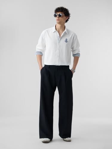 Image of The Souled Store Cotton Linen: Anchor Crest Men and Boys Long Sleeve Spread Collar White Embroidered Cotton Blend Regular Lightweight Easy to Style Everyday Office Wear Casual Shirt