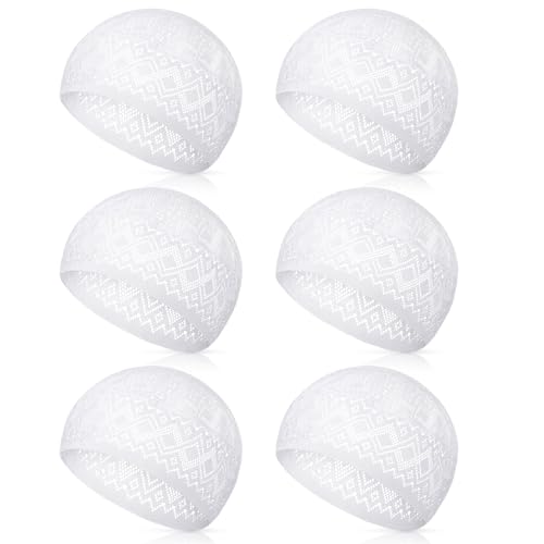 6 Pcs Eid Muslim Prayer Kufi Hat for Men Prayer Headwear Cap Islamic Beanie Skull Cap Embroidery Kofia Topi