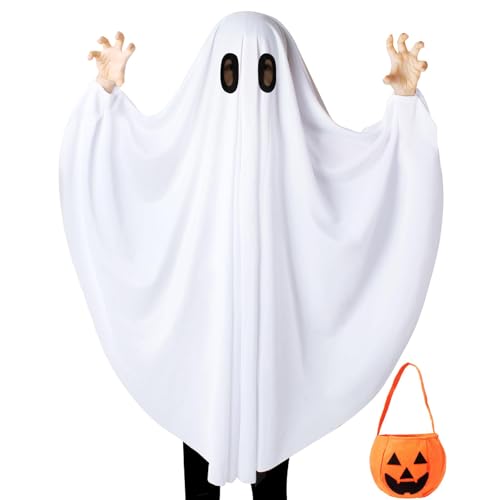 CharmBurst Dia das Bruxas Fantasma branco para crianças com bolsa de abóbora, fato assustador, disfarce de fantasma branco carnaval cosplay fantasma