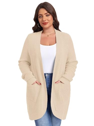 Image of LARACE Long Cardigans for Women Plus Size Tops Open Front Sweaters with Pockets Waffle Ribbed Sleeve Loose Fall Outwear