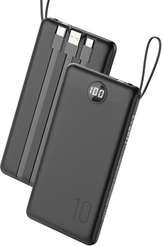 VEEKTOMX 10000mAh Portable Charger with Built-in Cables Fast Charge Power Bank for iPhone 16/15/14 Samsung Android USB C Battery Pack with iPhone Micro USB Travel Essentials Black