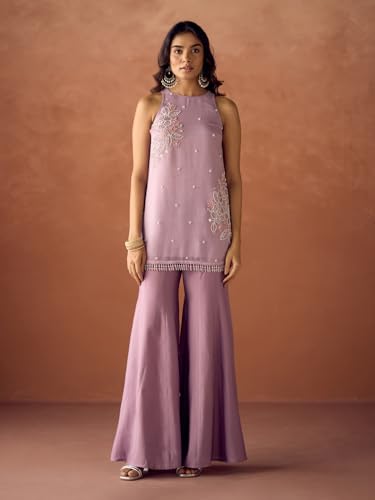 Image of FIORRA Women Lavender Crush Organza Hand-Worked Straight Kurta Set with Dupatta