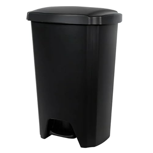 12.1 Gallon Step-On Trash Can with Foot Pedal - Hands-Free Kitchen Garbage Bin, Durable Plastic Wastebasket for Home, Office, Bathroom - Black