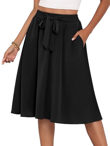 LAOLASI Womens A-Line Midi Skirt Summer Trendy High Waisted Boho Casual Beach Flowy Flared Below The Knee Skirts with Pockets