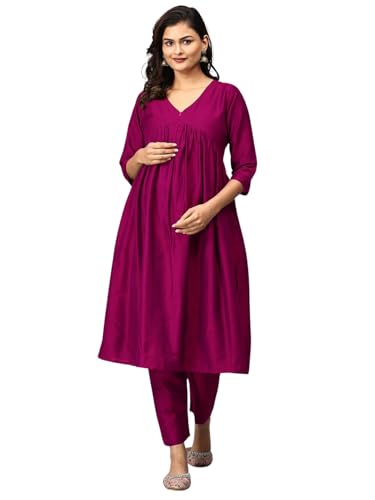 Image of The Mom Store Women's Raw Silk Maternity and Nursing Kurta Set | Front Zipper for Easy Feeding Pre and Post Pregnancy