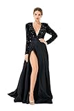 Datangep A-Line Sparkle Sexy Party Wear Formal Evening Dress V Neck Long Sleeve Black Sequined Split