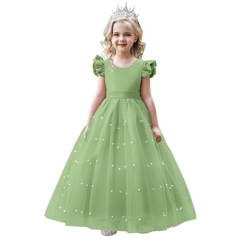 Girl Formal V-Back Satin Flower Girl Dress Girls Dresses for Wedding Flying Sleeve Pearls Tulle Girls Prom Ball Gown Princess Dresses Sage