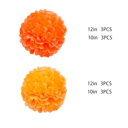 Image of XIKSXITN 12 pcs Orange Paper Pom Poms Decorations for Party in 2 Colors,Ceiling Hanging Tissue Paper Flowers Decorations (8&10&12 inch)