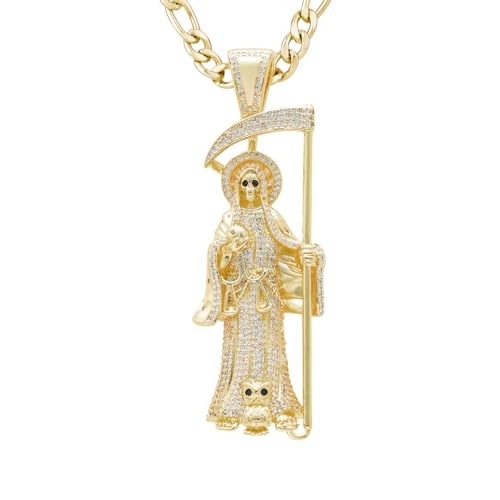14K Gold Plated Brass Cubic Zirconia Skull Holy Death Sanit La Santa Muerte Charm Pendant Necklace Jewelry