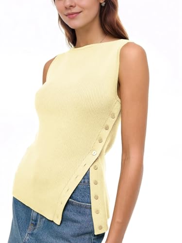 Baonmy Women Asymmetrical Button Down Side Split Tank Tops Sleeveless Boat Neck Slim Fit Ribbed Knit Summer Casual Tank2
