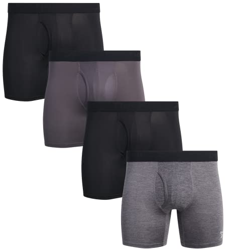 Reebok Men's Boxer Briefs - 4 Pack Soft Performance Boxers for Men with Fly Pouch - Quick Dry Active Mens Underwear Pack S-XL, Size Medium, Charcoal/Black/Grey/Black
