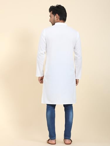SKAVIJ Mens Cotton Kurta Casual Long Sleeve Henley Shirt Band Collar Kaftan Robe2