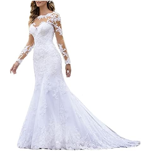 Fanciest Women's Long Sleeve Lace Wedding Dresses for Bride 2024 Mermaid White Wedding Gowns Bridal Dresses US10 Cover