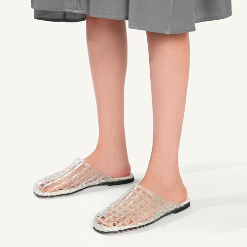 Clear Jelly Shoes for Women Slip on Jelly Mesh Slides Comfortable Closed Toe Flats Sandals Summer Beach Slippers.