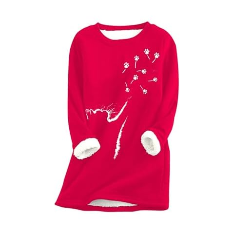 BOFETA Women's Cute Winter Pullover Cat's Paw Pattern Oversized Tops Vacation Casual Sweatshirt Red L Cover