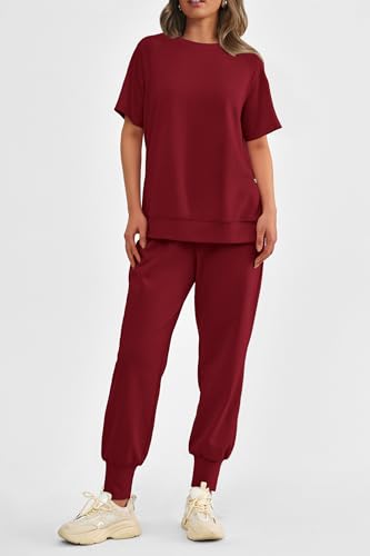 Image of PRETTYGARDEN Women's Summer 2 Piece Outfit Tracksuits Casual Short Sleeve Tops High Waisted Sweatpants Set