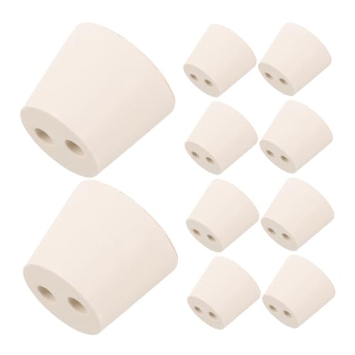 MAGICLULU 10pcs Beige Tapered Rubber Flask Stoppers with Double Hole Design for Conical Flask and Vial, Versatile Compatibility with Precise Gas or Liquid Channels, for Scientific Industrial