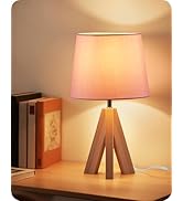 GOEBLESON Pink Table Lamp, Small Tripod Table Lamp, Boho Bedside Lamp with Pink Linen Shade & Woo...