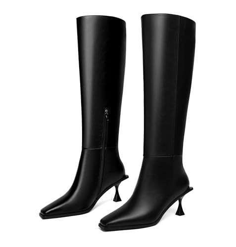 Vertundy Womens Kitten Heel Boots Square Toe Low Heel Leather Knee High Boots4