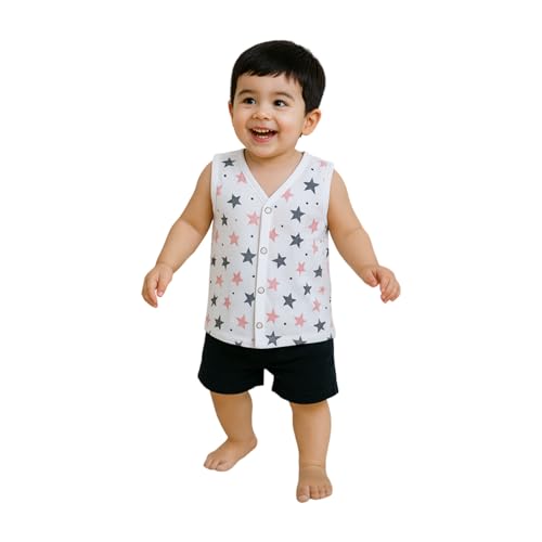 Image of Kidbea Newborn Baby Jhabla Muslin Cotton Clothes for Boys & Girls | Soft Breathable, Cute Printed Sleeveless Baby Wear with Button Closure
