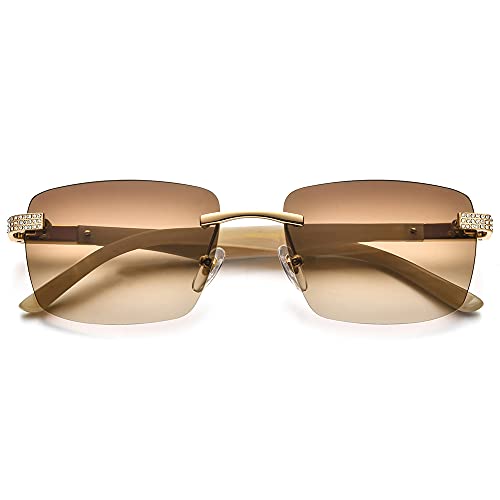 Image of HEPIDEM 100% Really Buffalo Horn Handmade Sun Glasses for Women,Square Rimless Luxury Buffs Sunglasses With Diamonds