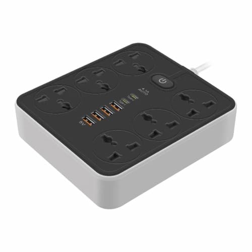 Image of Extension Board, Power Strip with 6 USB Ports and 3 Universal Socket, 2500W 10A Extension Cord, 3-Pin Surge Protector Power Strip for Home, Office, Computer, Mobile Charging (Black-Z67)