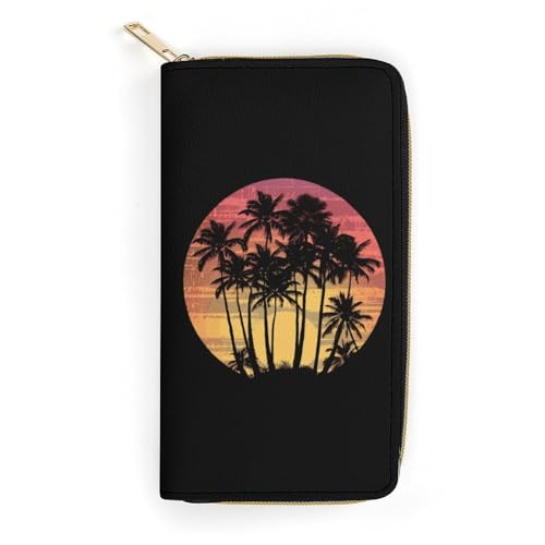 Vintage Hawaii Sunset Palm Trees Wristlet Wallets for Men Women Leather Purse Clutch Cute Card Holder