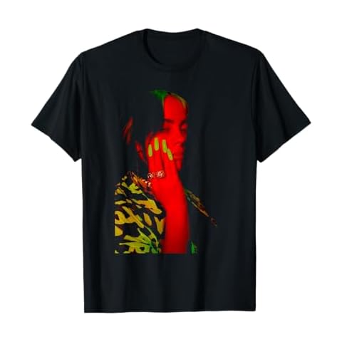 Official Billie Eilish Red Photo Neon Black T-Shirt Cover
