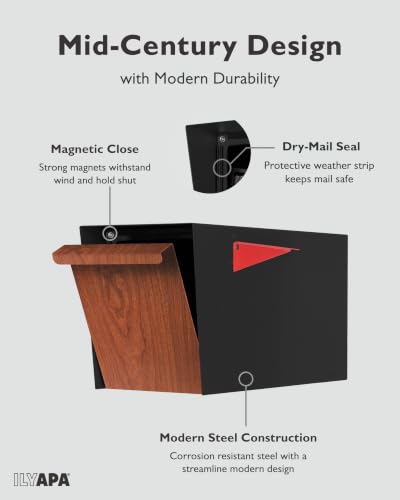 Image of Ilyapa Modern Mailbox for Post Mount - Black Powder Coated Metal Mailbox with Cherry Wood Door - Waterproof for Parcels, Recessed Magnetic Close Door