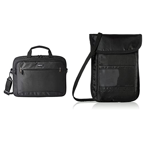 Image of AmazonBasics 14-Inch Tablet Bag, Black RFID Blocking Travel Neck Sling Wallet, Black - (19 cm x 14 cm x 1.3 cm)
