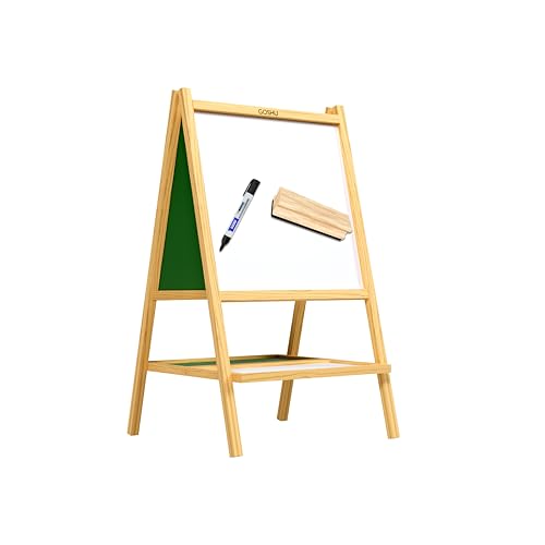 Image of GOSHU 2 in 1 Double Sided Wooden Easel Stand (80 cm x 40 cm) Whiteboard and Chalkboard for Adults, A-Type Foldable Writing Board with Tray for Classroom, Office and Home Use (Kids, Pack of 3 Items)