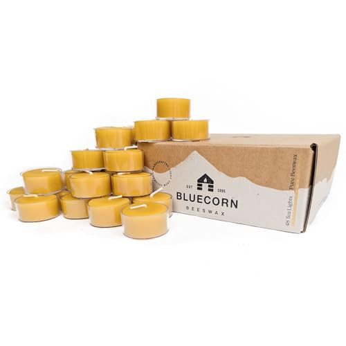 Bluecorn Beeswax Tea Light Candles, 100% Pure Natural Bees Wax, Yellow Tea Lights, Fragrance Free, Paraffin & Soy Free Candle Wax, Clean Burning, Long Lasting (4-5 Hrs), American Made, 48 Pack