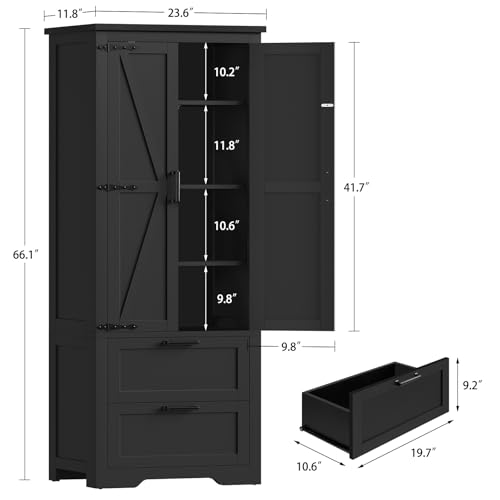 Image of TEENFON 66.1 inch H Storage Cabinet, Farmhouse Kitchen Pantry Cabinet with 2 Drawers & Adjustable Shelf, Bathroom Cabinet, for Living Room, Kitchen, Bathroom, Black
