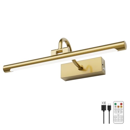 Aipsun 15.7" Brass Picture Lights for Wall Rechargeable,10000mAh Battery Operated Art Light for Paintings,3CCT Dimmable, Rotatable Gallery Light for Pictures Display