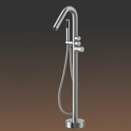 BiaoTeng 床置き型浴槽水栓 ハンドシャワー付き 温水 冷水 真鍮 自立型バスタブ用蛇口 ブラシ付きシルバー