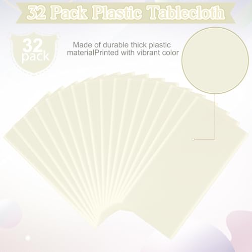 Image of 32 Pack Beige Plastic Tablecloth for Rectangle Tables, Premium Decorative Ivory Disposable Table Cloths for Parties, Rectangle Cream Party Table Cover for Birthday Wedding Baby Shower, 54x108 Inch