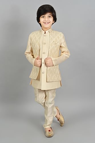 Image of AHHAAAA Kids Ethnic Silk Blend Waistcoat Kurta Pyjama Sherwani Set For Boys
