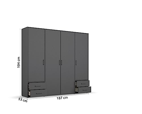 Rauch Möbel Voyager, Kleiderschrank für Schlafzimmer, Kinderzimmer, Babyzimmer, Jugendzimmer, Flur, 4-türig, 4 Schubladen, mit Zubehör Basic, Farbe Grau metallic, Schwarz, Breite 187cm