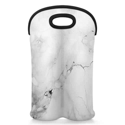 GzLeyigou 2 Bottles Abstract Marble Wine Bag Sleeve Totes White Grey Neoprene Protective Wine Carrier Bag for Wine,Water, Champagne, Beer, Baby Bottles,Gift 14.5 x 10 Inches