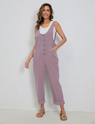 Image of Yeokou Womens Overalls Linen Cotton Jumpsuits Loose Casual Jumpers with Pockets