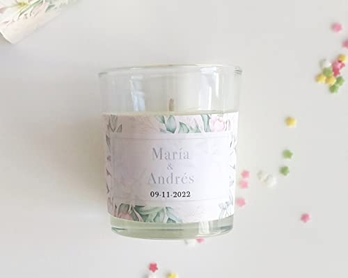 Recordatorio vela aromática Boda Flores, Decoración mesas de boda, Ideal cómo regalo para los invitados, Personaliza la etiqueta de la vela