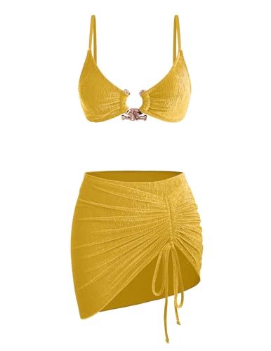 Ruched 3 Piece Swimsuits for Women Ribbed Velvet Bikini Sets with Sarong Coverup Metal Ring Bathing Suit